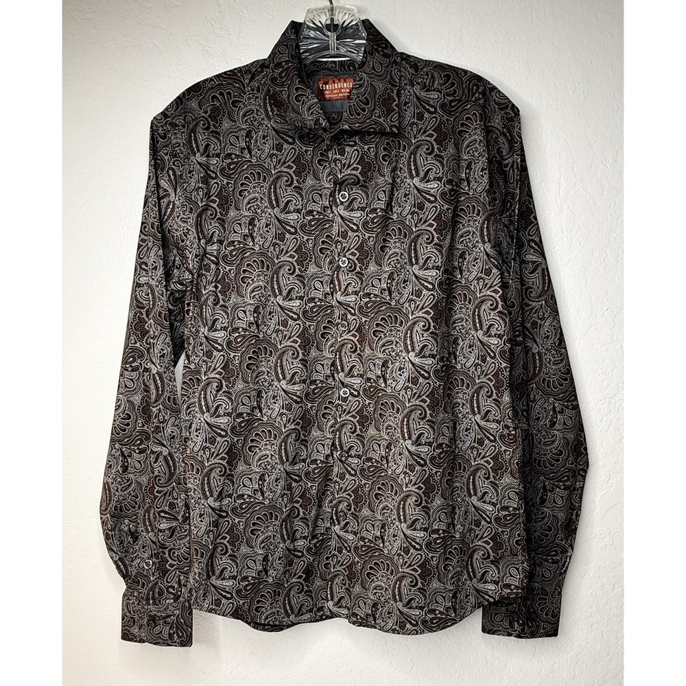 CONSEQUENCE Shirt Mens Size S Brown Tonal City Paisley‎ Retro 70s Dance Business